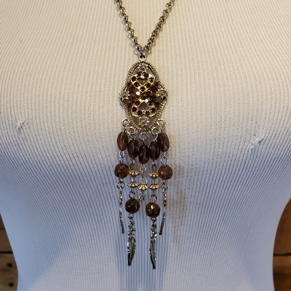 Bead/rhinestone necklace in brown & silvertone